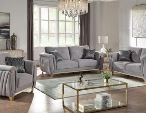 Modern living room with stylish sofa set and coffee table displayed in clearance furniture sale