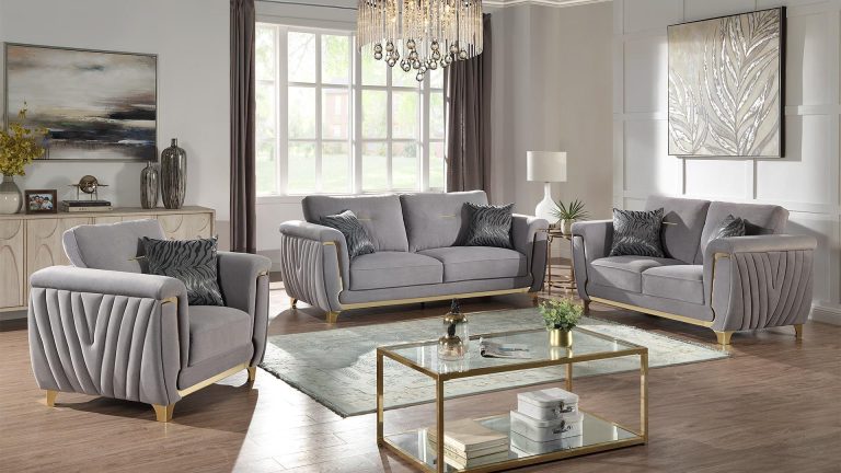 Modern living room with stylish sofa set and coffee table displayed in clearance furniture sale