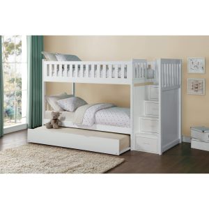B2053 White Twin/Twin Step Bunk Bed w/Twin Trundle